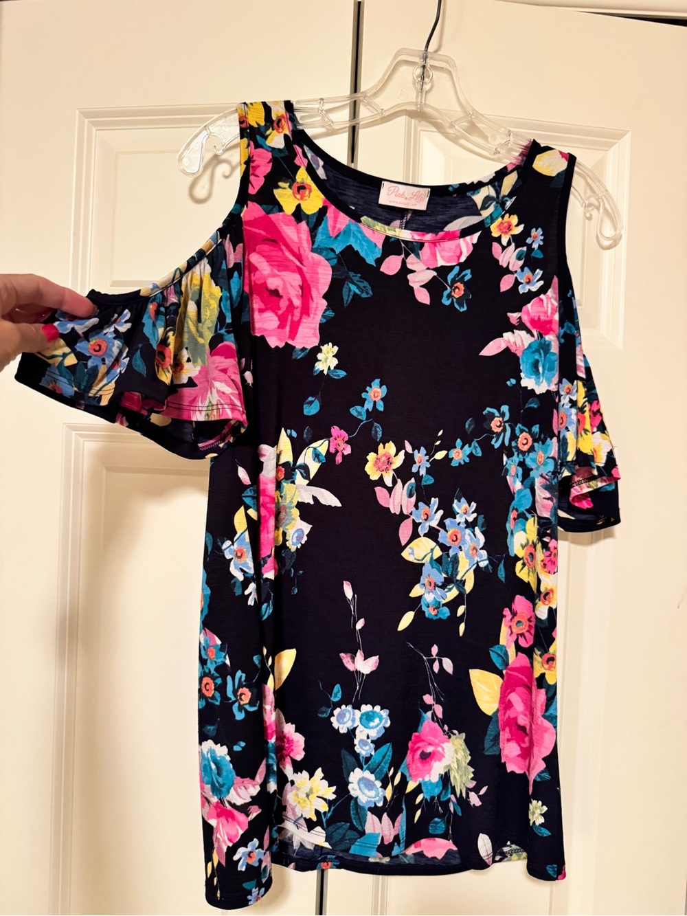 Pink Lily Floral Cold-Shoulder Women's Top - Navy with Pink & Blue Flowers Sz S
